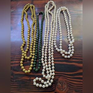 Set of 4 Vintage-Style Beaded Necklaces – Pearl, Pea Green, and Deep Green